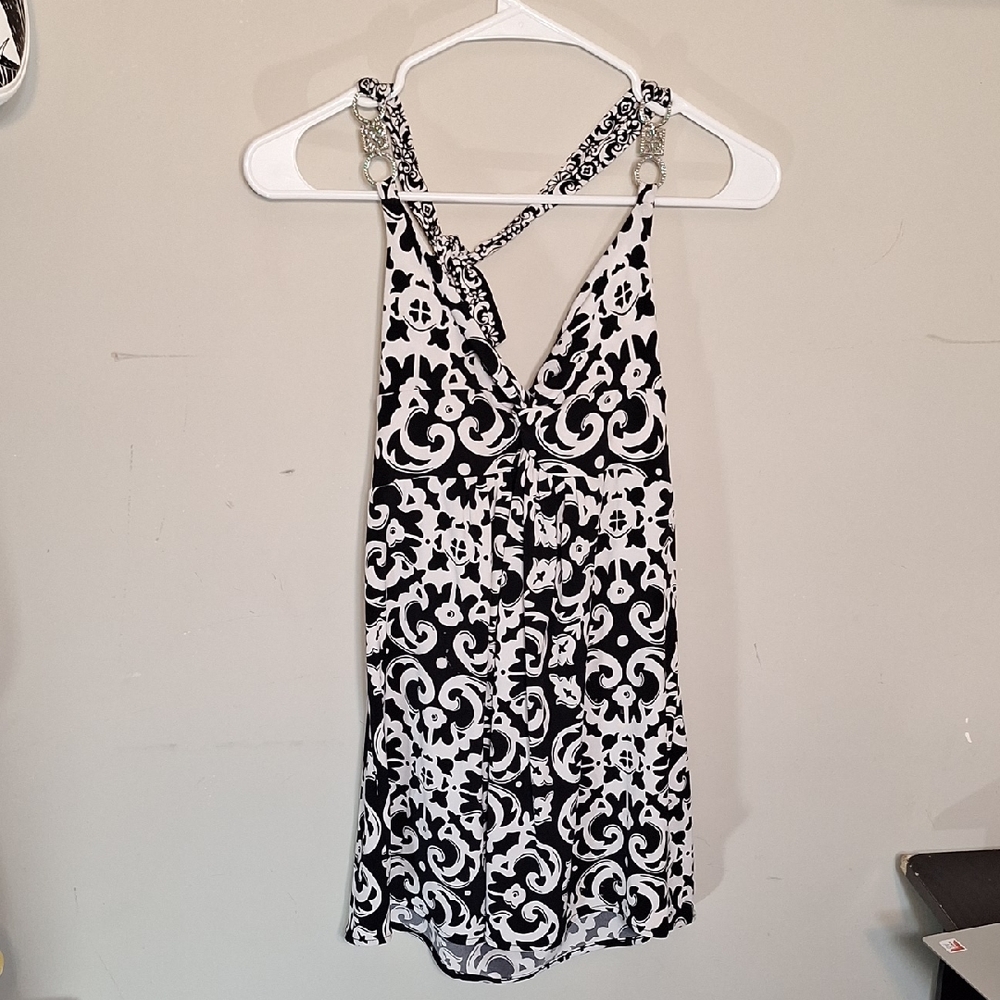 WHBM Black and White Patterned Halter Top